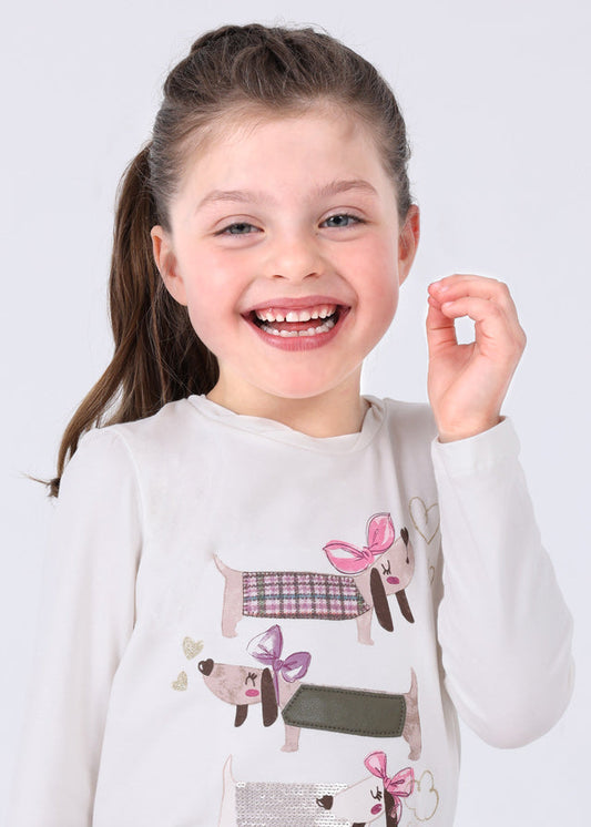 Koszulka długi rękaw z aplikacją - Beż-świerk