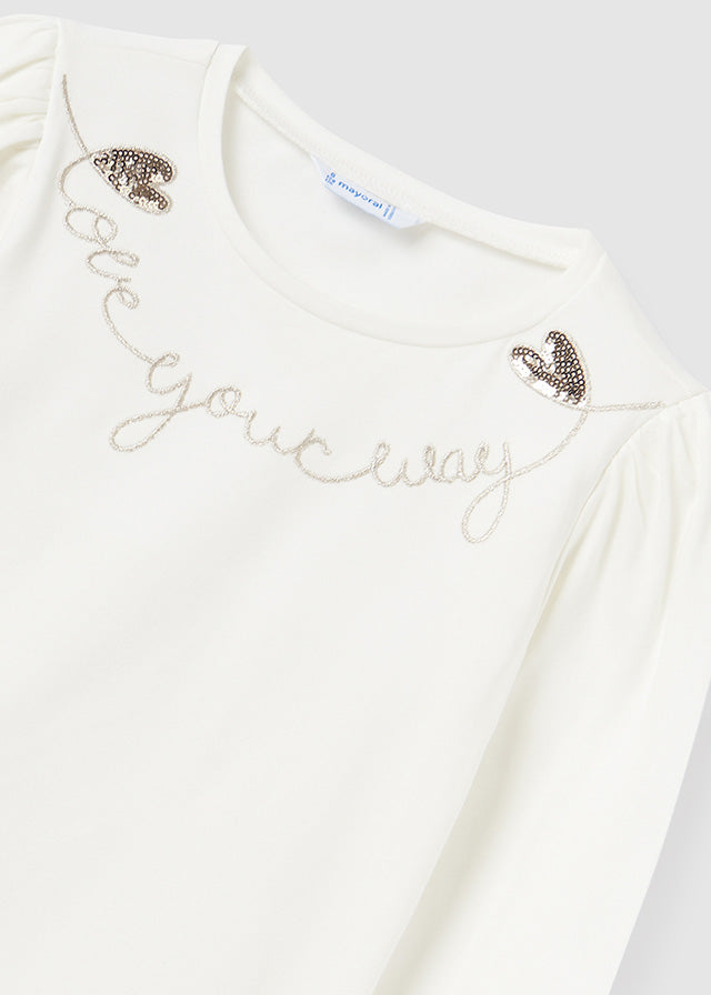 Koszulka długi rękaw z haftem - Kremowy