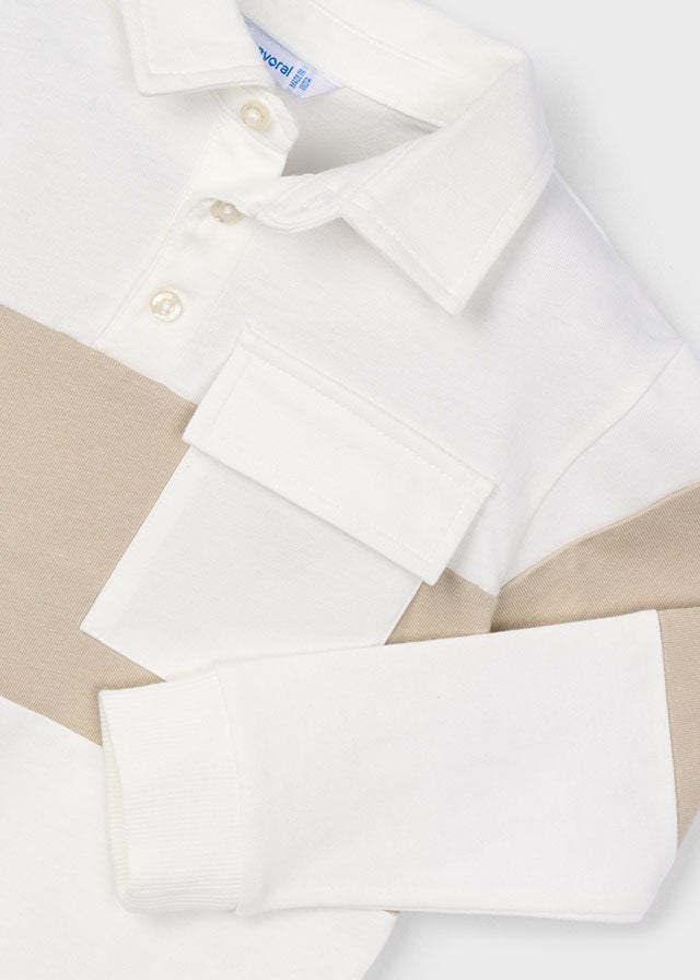 Koszulka polo długi rękaw color block - Śmietanka