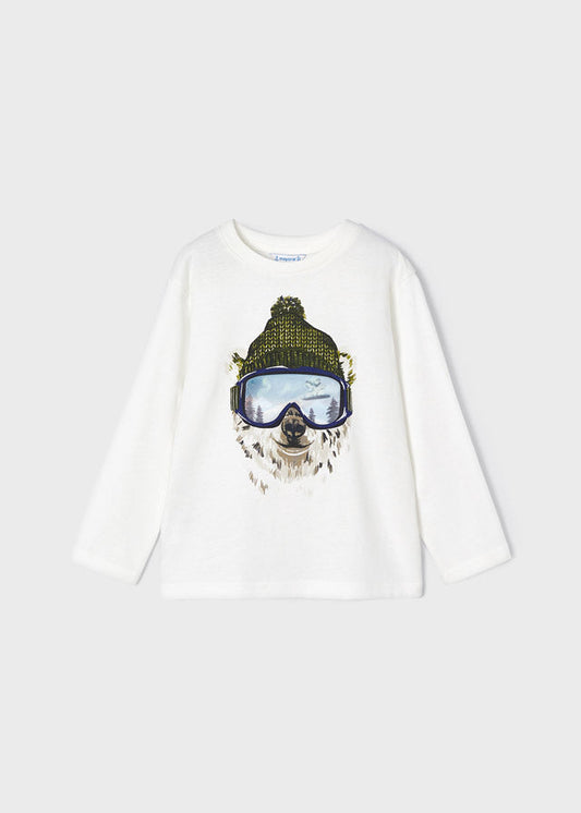 Koszulka długi rękaw z nadrukiem miś - Śmietanka