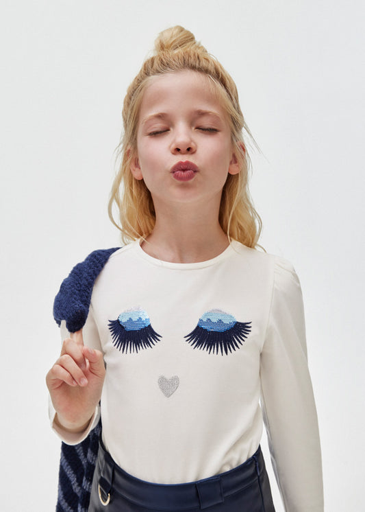 Koszulka długi rękaw z haftem - Beż-noc