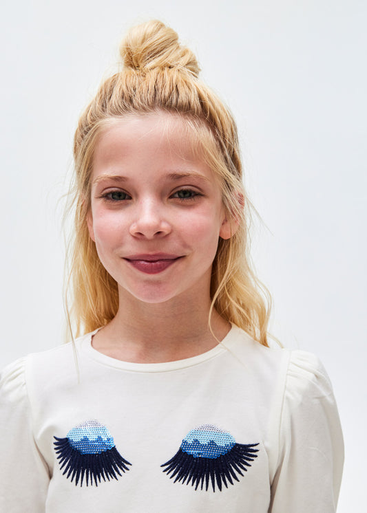 Koszulka długi rękaw z haftem - Beż-noc