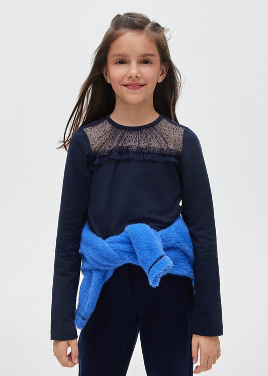 Koszulka długi rękaw łączona z tiulem - Marynarski