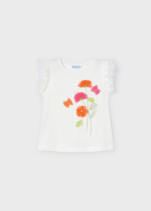 Koszulka krótki rękaw aplikacja kwiatki - kolor Krem-pomar