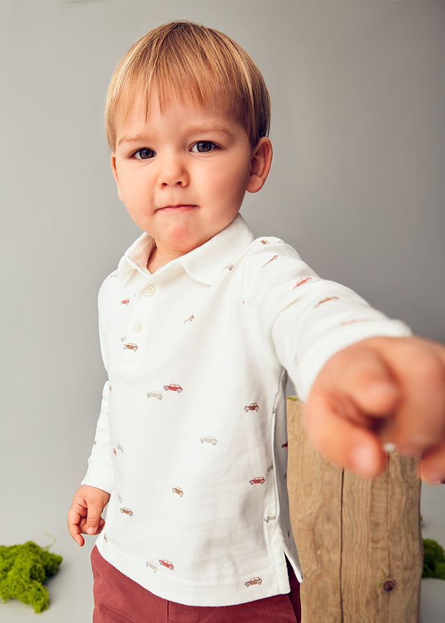 Koszulka polo długi rękaw nadruk - Śmietanka