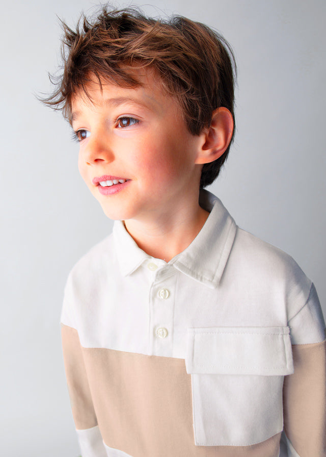 Koszulka polo długi rękaw color block - Śmietanka