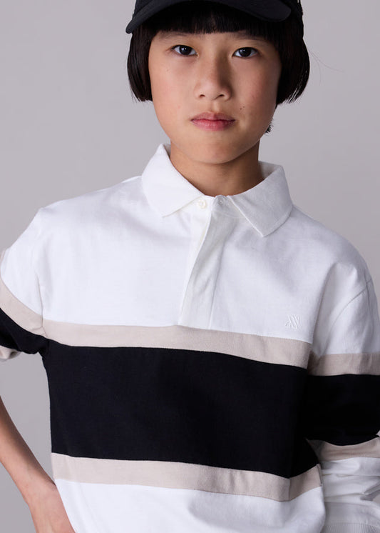 Polo długi rękaw blocking - Śmietanka