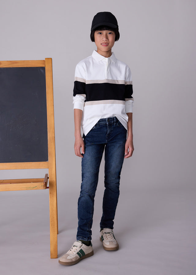 Polo długi rękaw blocking - Śmietanka