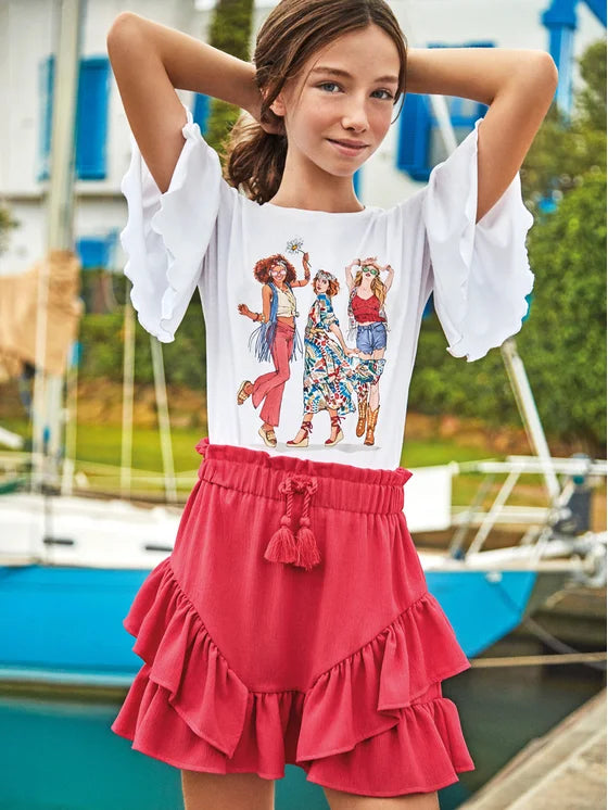 Spódnica Z Falbankami - Kolor Karminowy