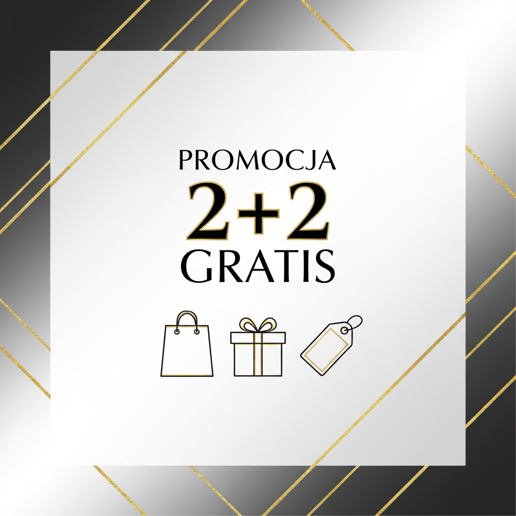 „Stwórz grafikę promocyjną z napisem:
„PROMOCJA 2+2 GRATIS”
styl: nowoczesny, fashion / e-commerce, estetyka premium,
kolory: czarny, biały + akcent złota,
format: kwadrat 1:1 (Instagram),
bez ludzi,
minimalistyczne ikony zakupowe,
wysoka jakość, gotowa do użycia w sklepie internetowym i social media.”